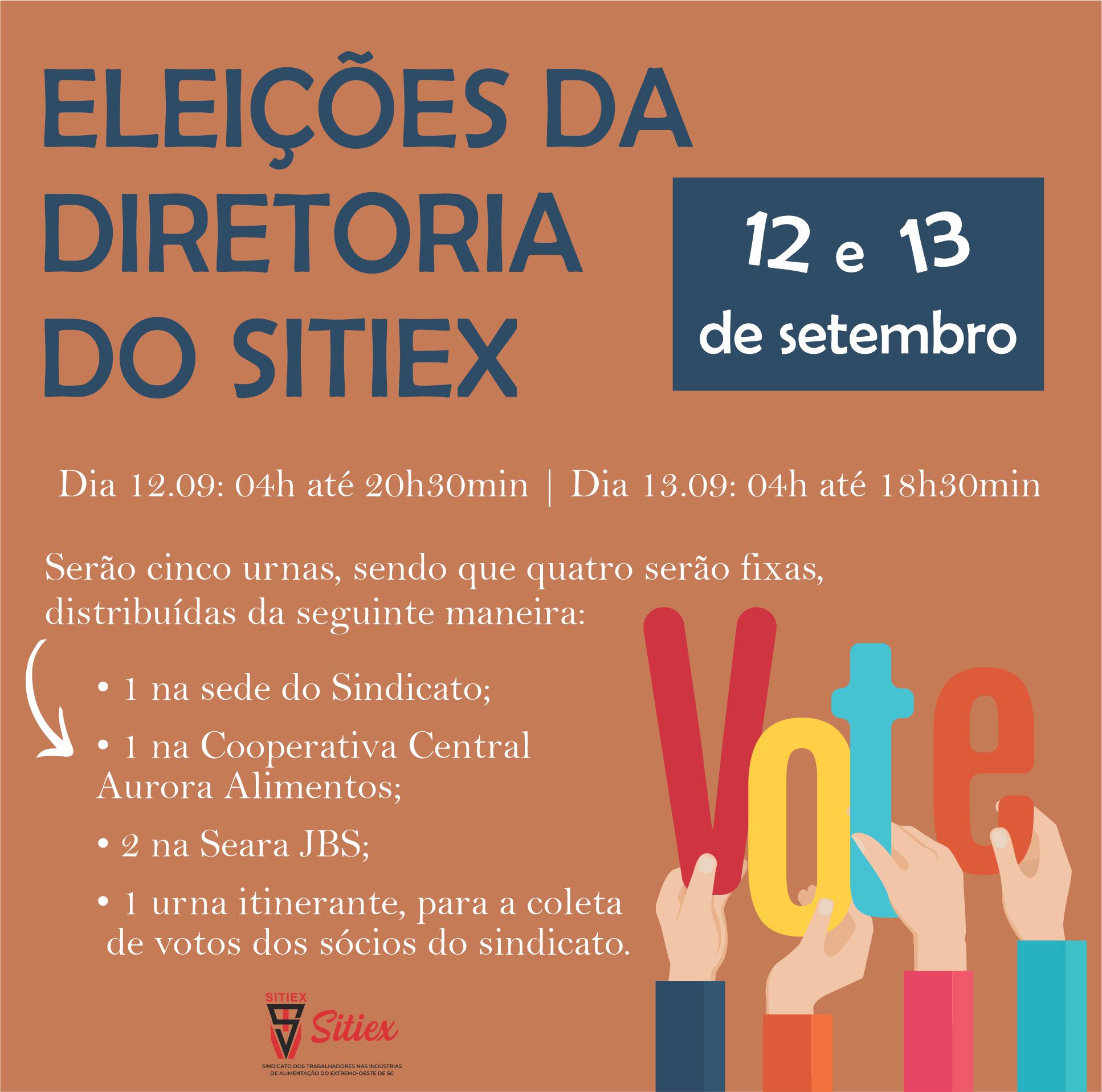 ATENÇÃO: Eleições da diretoria do Sitiex - 12 e 13 de setembro